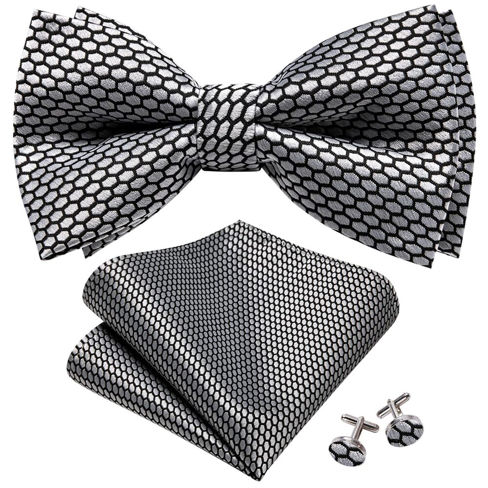 2717 Black and Silver Bow Ties Pre-tied Bow Tie with Pocket Square